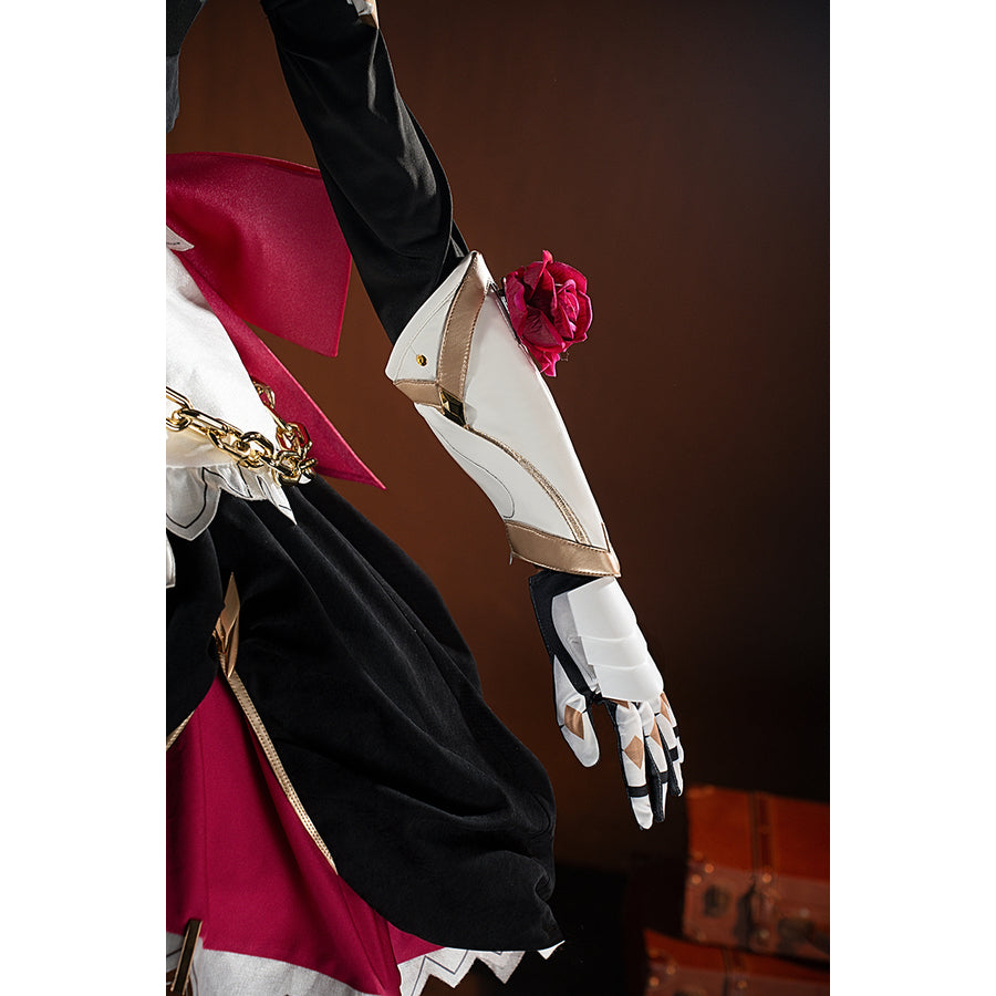 Genshin Impact Noelle cosplay waist ribbon detail drops a pink accent beside the layered skirt.