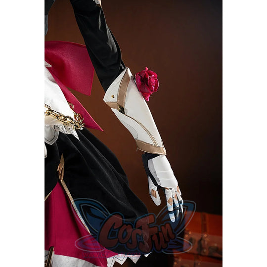 Genshin Impact Noelle cosplay waist ribbon detail drops a pink accent beside the layered skirt.