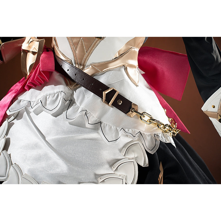 Genshin Impact Noelle cosplay waist detail shows gold trim crossing above white lace and layered skirt panels.