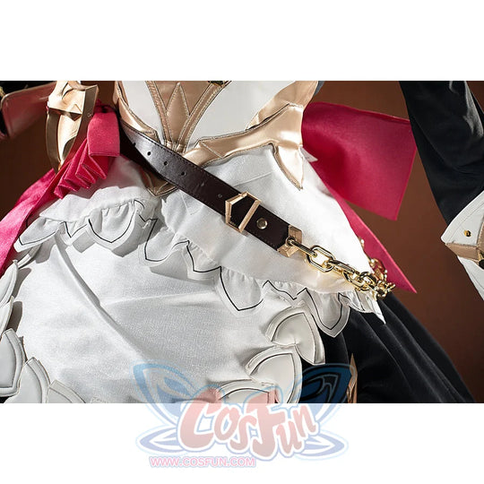 Genshin Impact Noelle cosplay waist detail shows gold trim crossing above white lace and layered skirt panels.