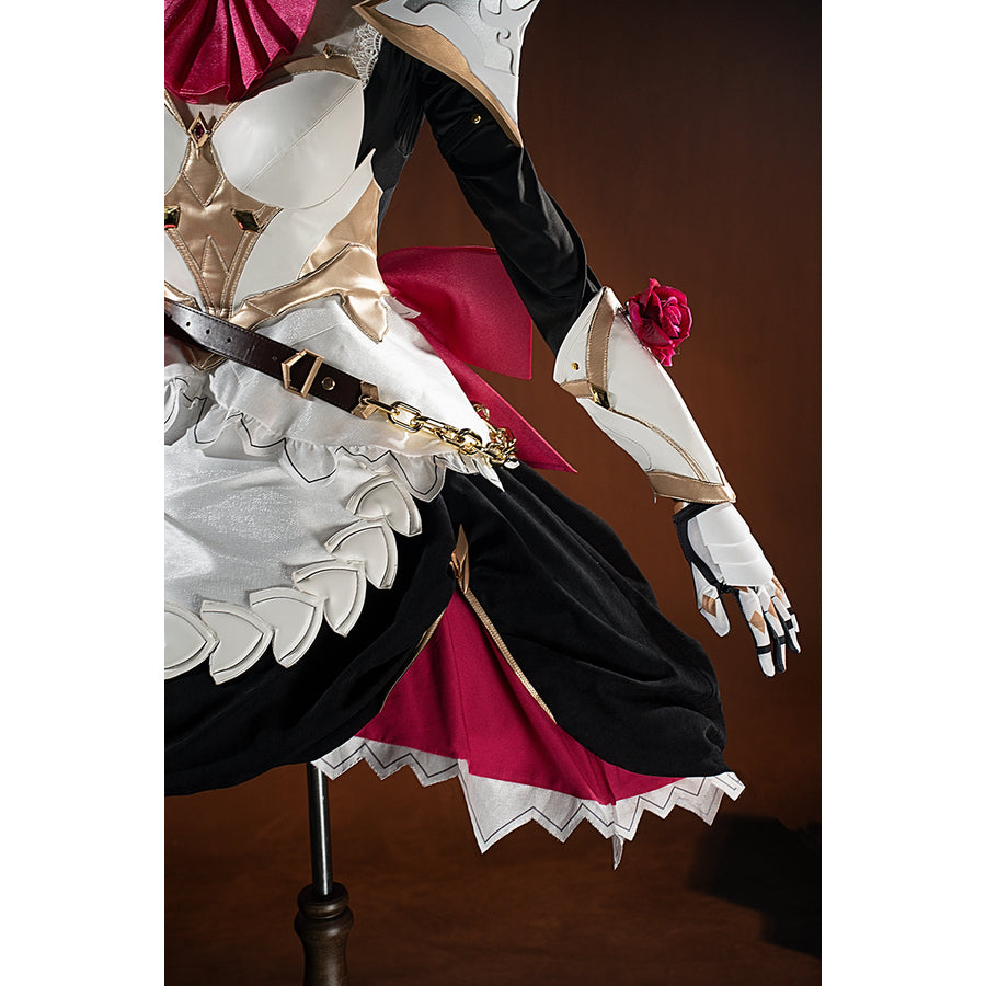 Genshin Impact Noelle cosplay wrist guard buckle detail focuses on brown straps and silver-tone hardware.