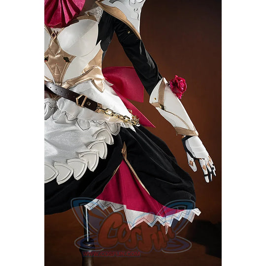 Genshin Impact Noelle cosplay wrist guard buckle detail focuses on brown straps and silver-tone hardware.