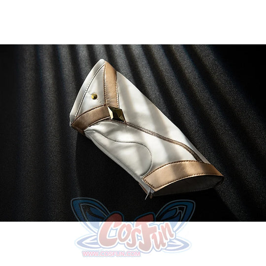 Genshin Impact Noelle cosplay wrist guard piece curves in white and gold over a folded cuff shape.