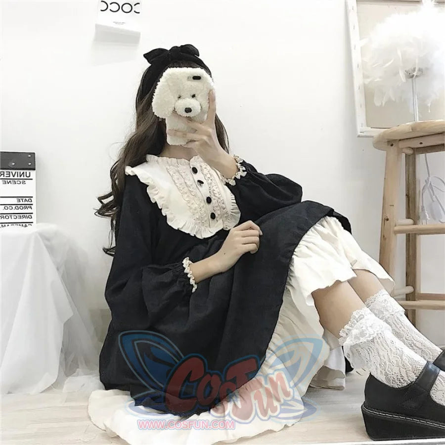 O-Neck High Waist Contrast-Color Ruffled Sweet Lolita Dress Kawaii Clothing J30089