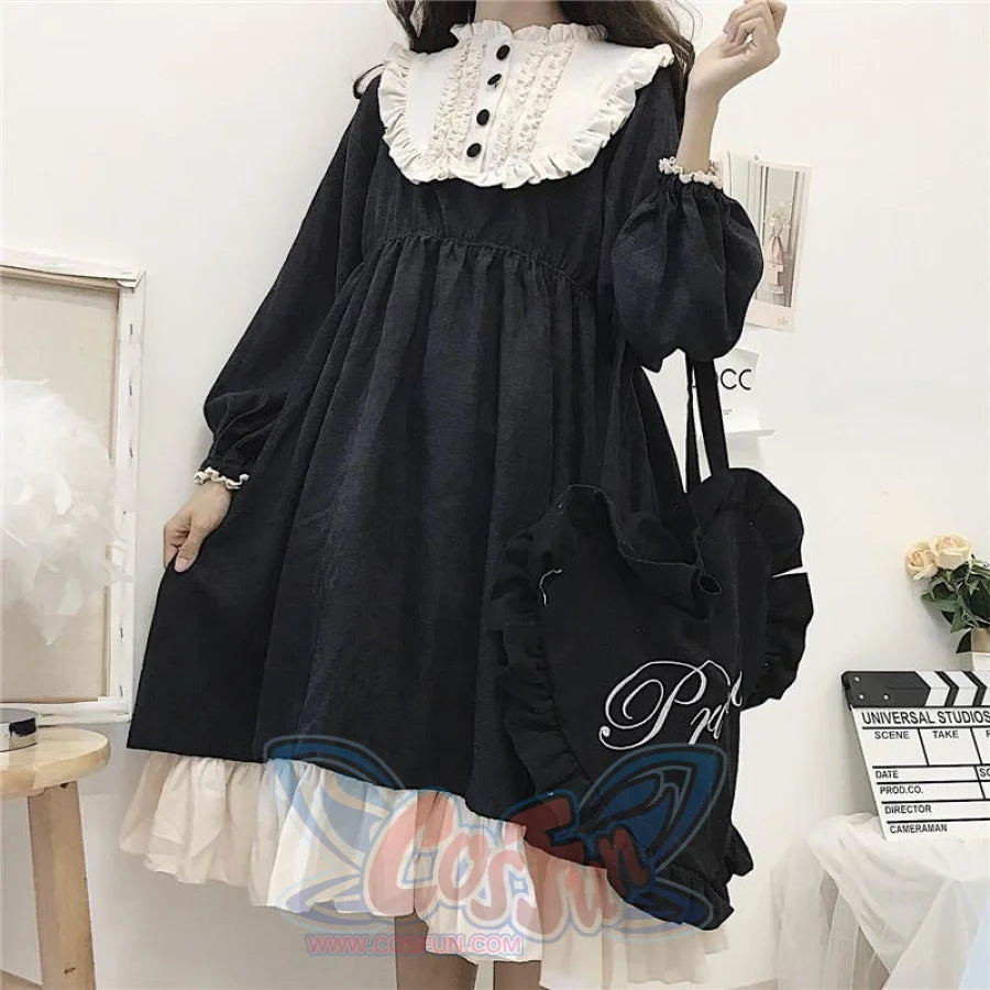 O-Neck High Waist Contrast-Color Ruffled Sweet Lolita Dress Kawaii Clothing J30089