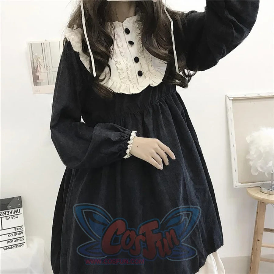 O-Neck High Waist Contrast-Color Ruffled Sweet Lolita Dress Kawaii Clothing J30089