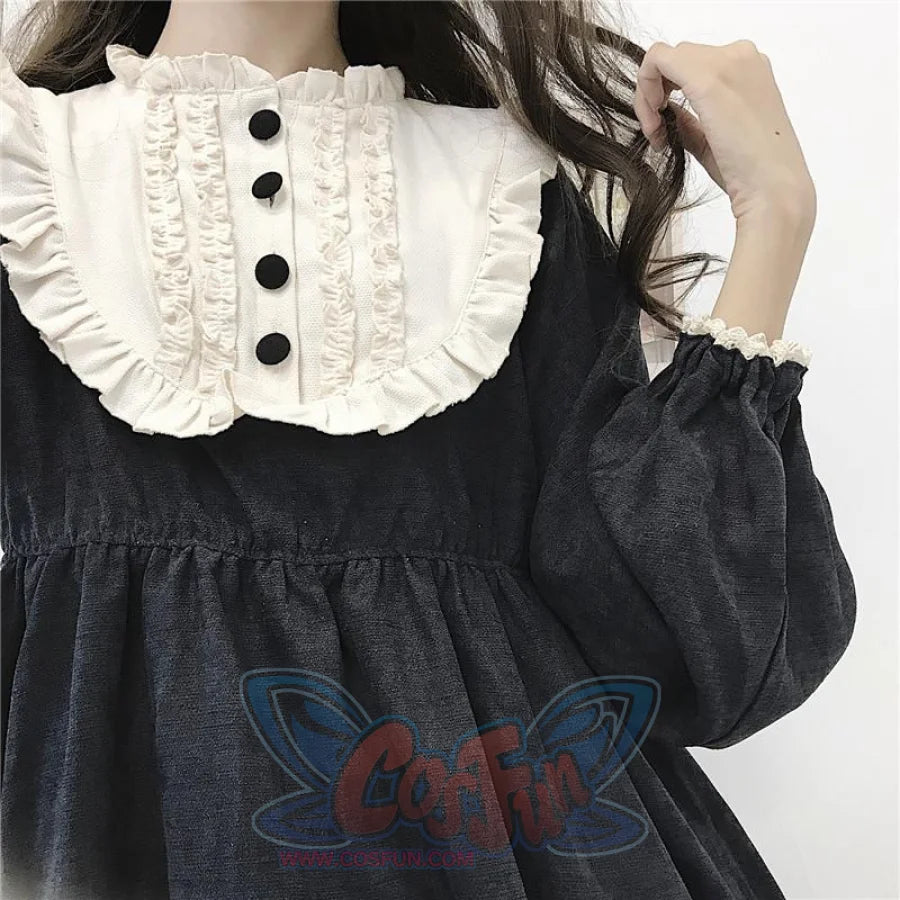 O-Neck High Waist Contrast-Color Ruffled Sweet Lolita Dress Kawaii Clothing J30089