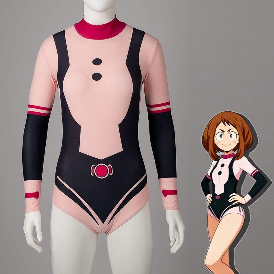 COSFUN Ochaco Uraraka cosplay swimsuit centers a pink and black bodysuit cut with red sleeve bands.