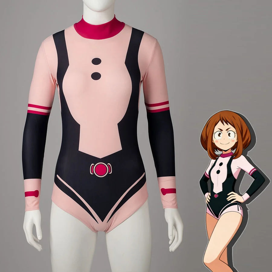 COSFUN Ochaco Uraraka cosplay swimsuit centers a pink and black bodysuit cut with red sleeve bands.