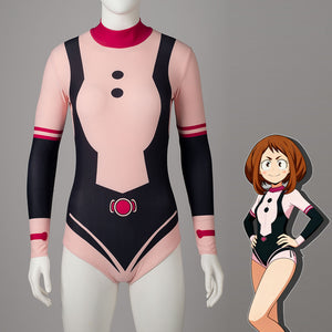 COSFUN Ochaco Uraraka cosplay swimsuit centers a pink and black bodysuit cut with red sleeve bands.