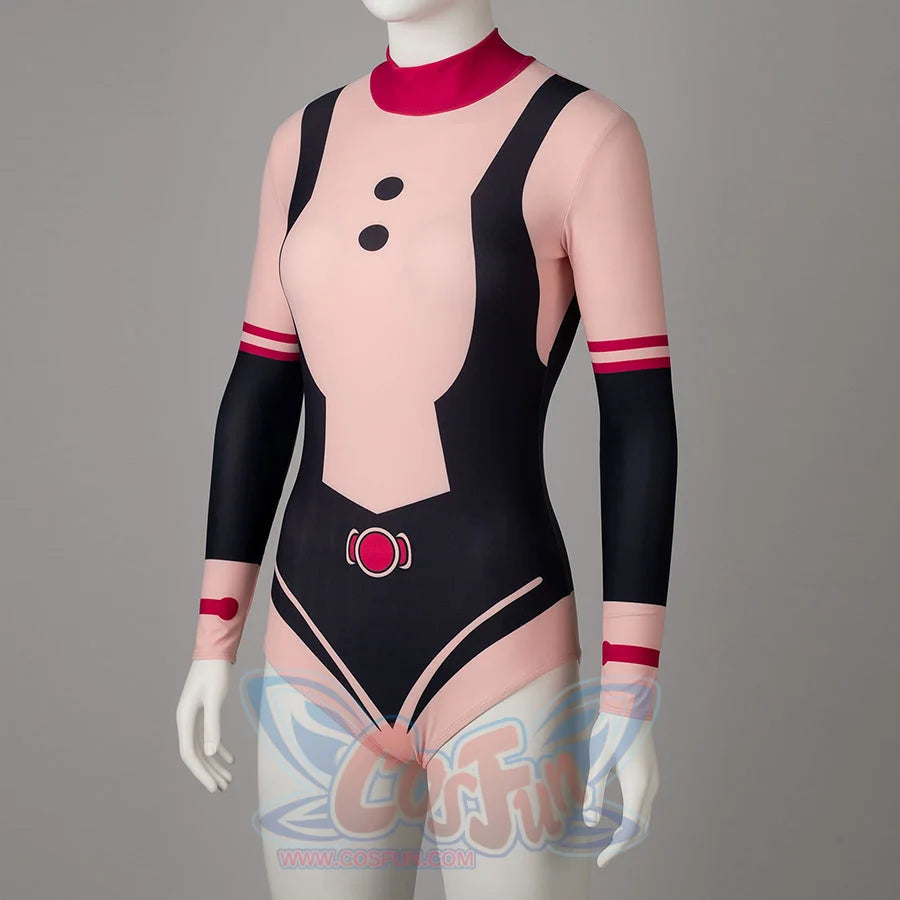 My Hero Academia Ochaco Uraraka cosplay swimsuit angles the pink torso panel between black side bands.