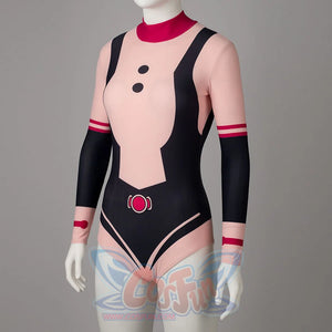 My Hero Academia Ochaco Uraraka cosplay swimsuit angles the pink torso panel between black side bands.