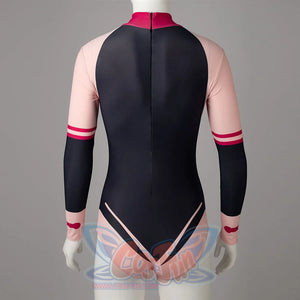 My Hero Academia Ochaco Uraraka cosplay swimsuit turns the black back panel between pink sleeves.
