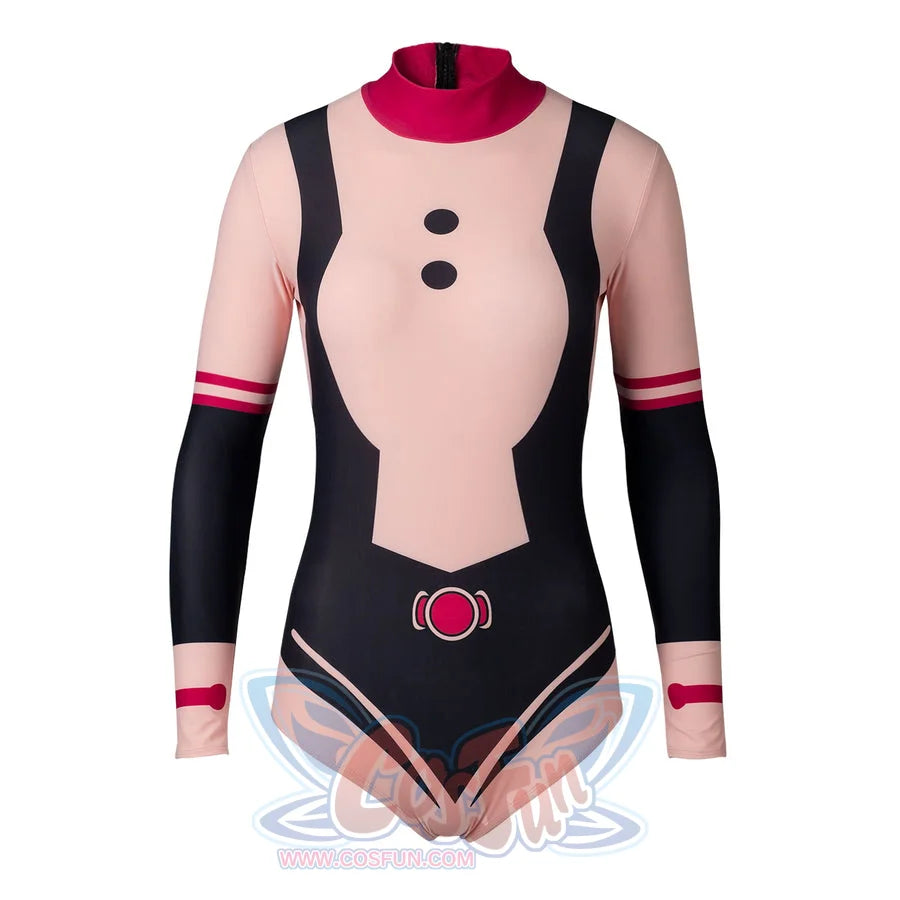 My Hero Academia Ochaco Uraraka cosplay swimsuit lays the bodysuit flat around the red collar and black sides.