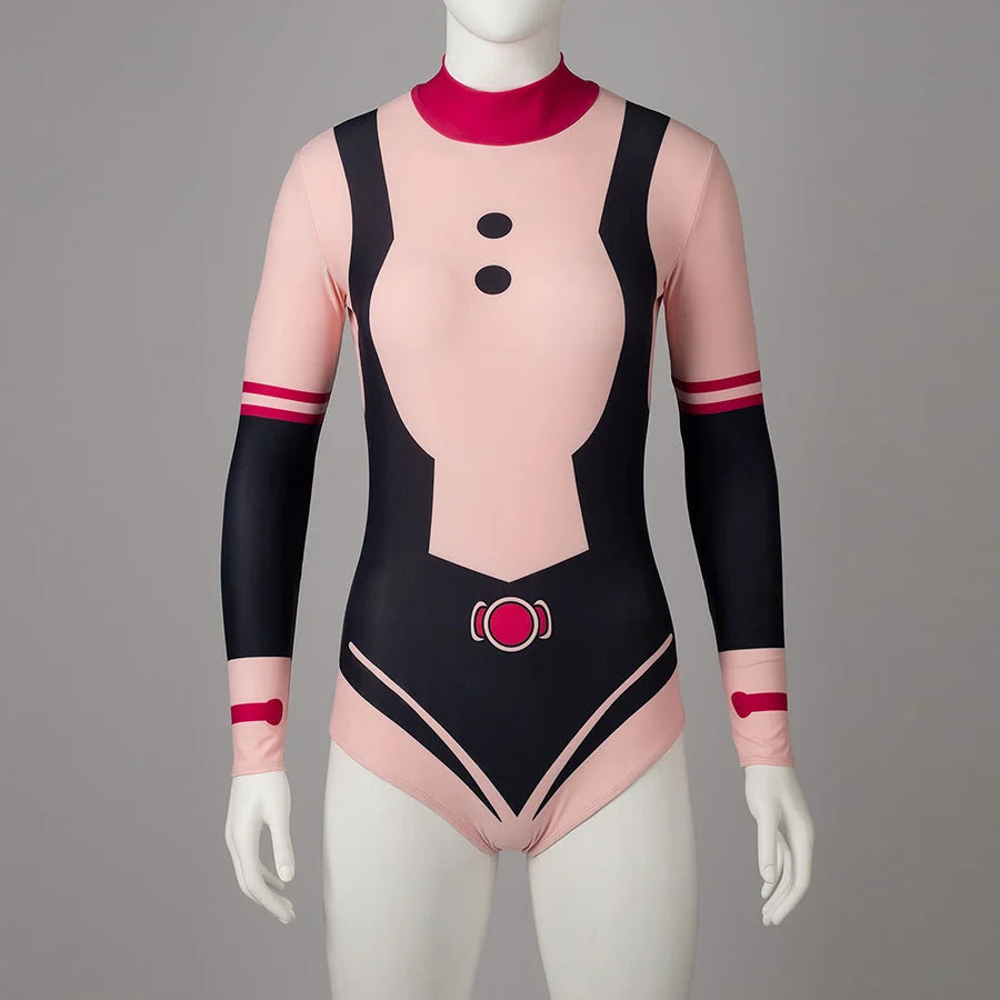 COSFUN Ochaco Uraraka cosplay swimsuit centers a pink and black bodysuit cut with red sleeve bands.