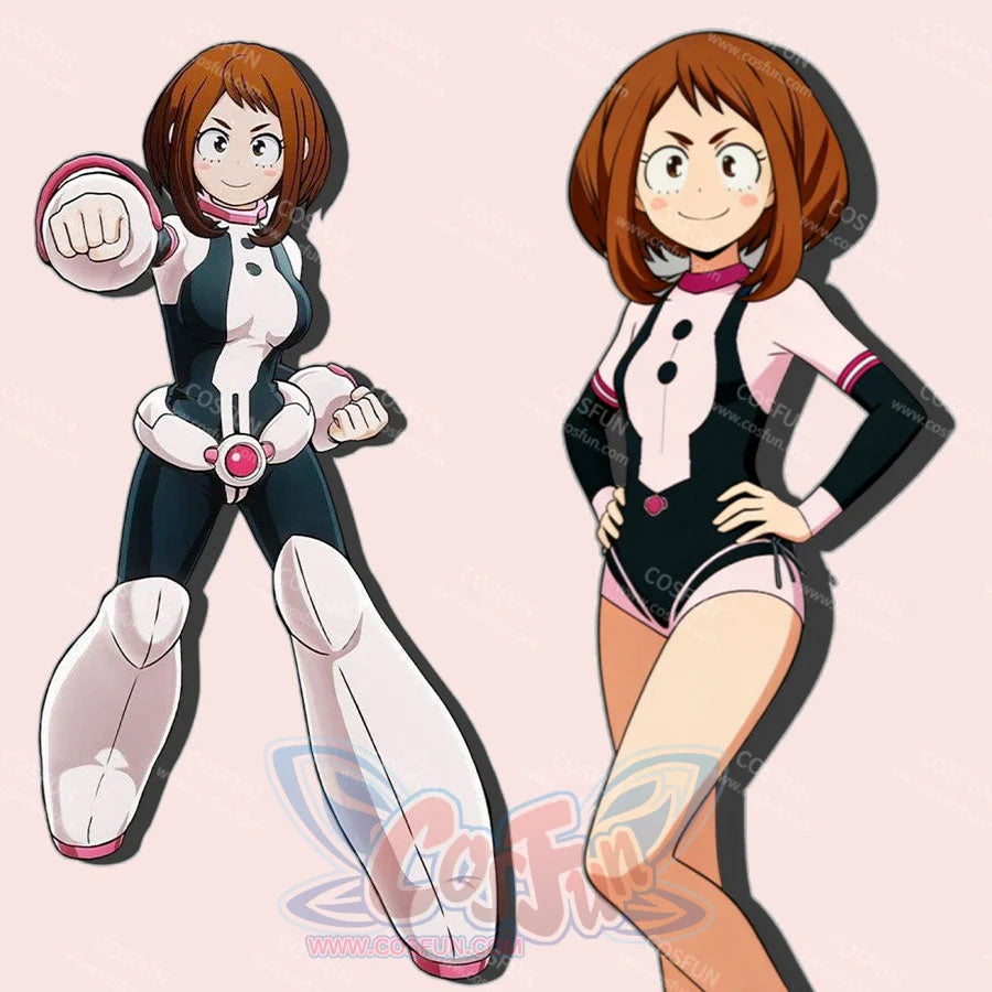 My Hero Academia Ochaco Uraraka cosplay swimsuit compares the swimsuit design beside Ochaco Uraraka character art.