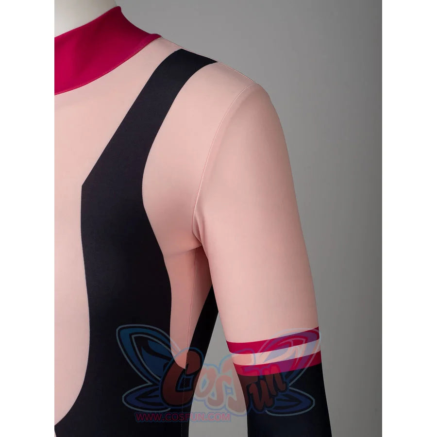 My Hero Academia Ochaco Uraraka cosplay swimsuit traces the black shoulder band beside the pink sleeve.