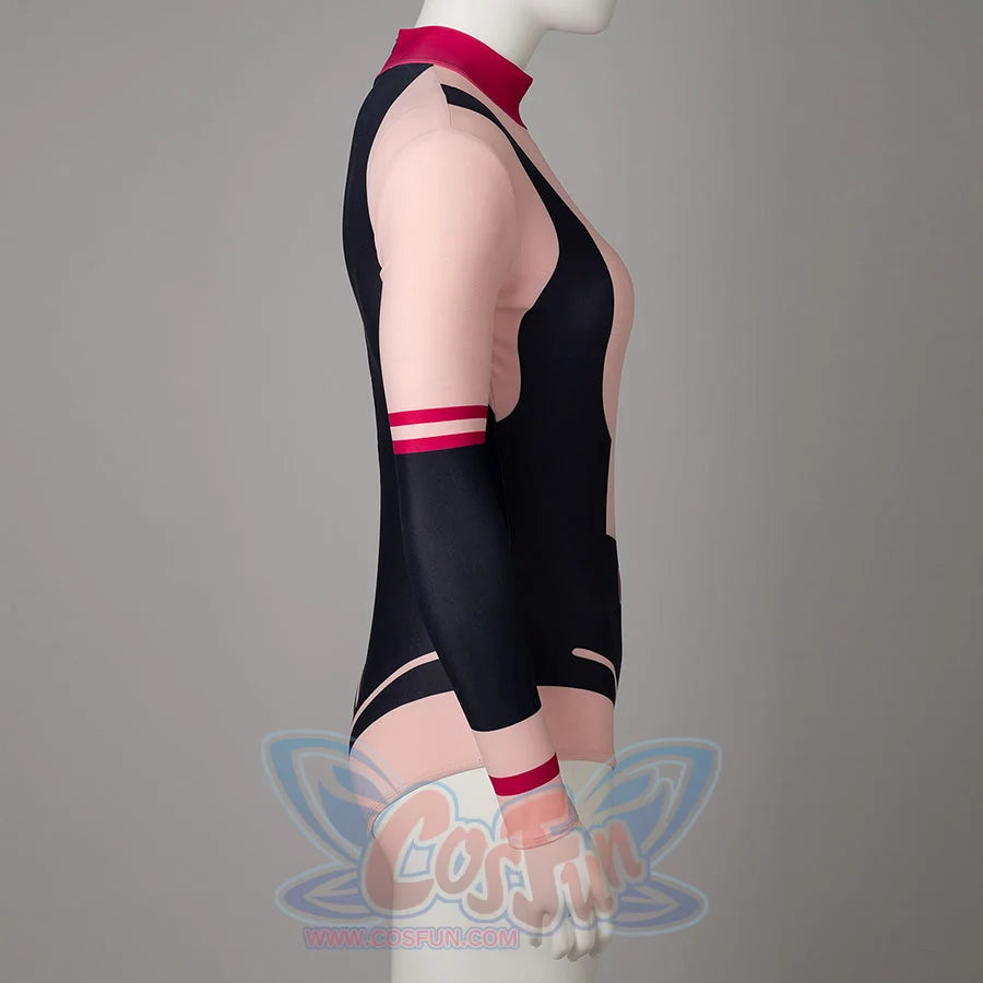 My Hero Academia Ochaco Uraraka cosplay swimsuit profiles the black side panel and pink sleeve structure.