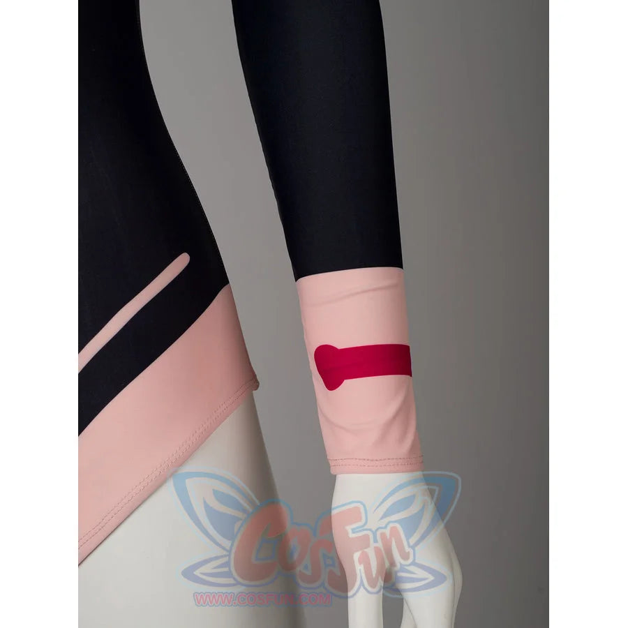 My Hero Academia Ochaco Uraraka cosplay swimsuit sets red wrist bands across the black sleeve ends.