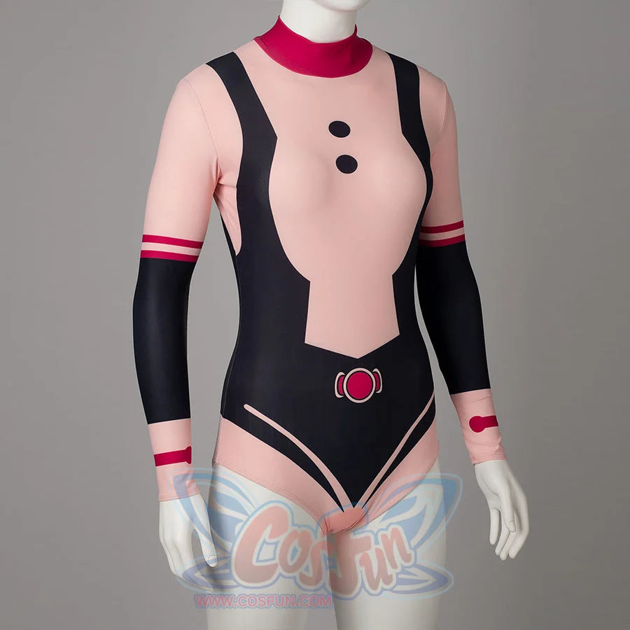 My Hero Academia Ochaco Uraraka cosplay swimsuit turns the bodysuit toward a red collar and wrist bands.