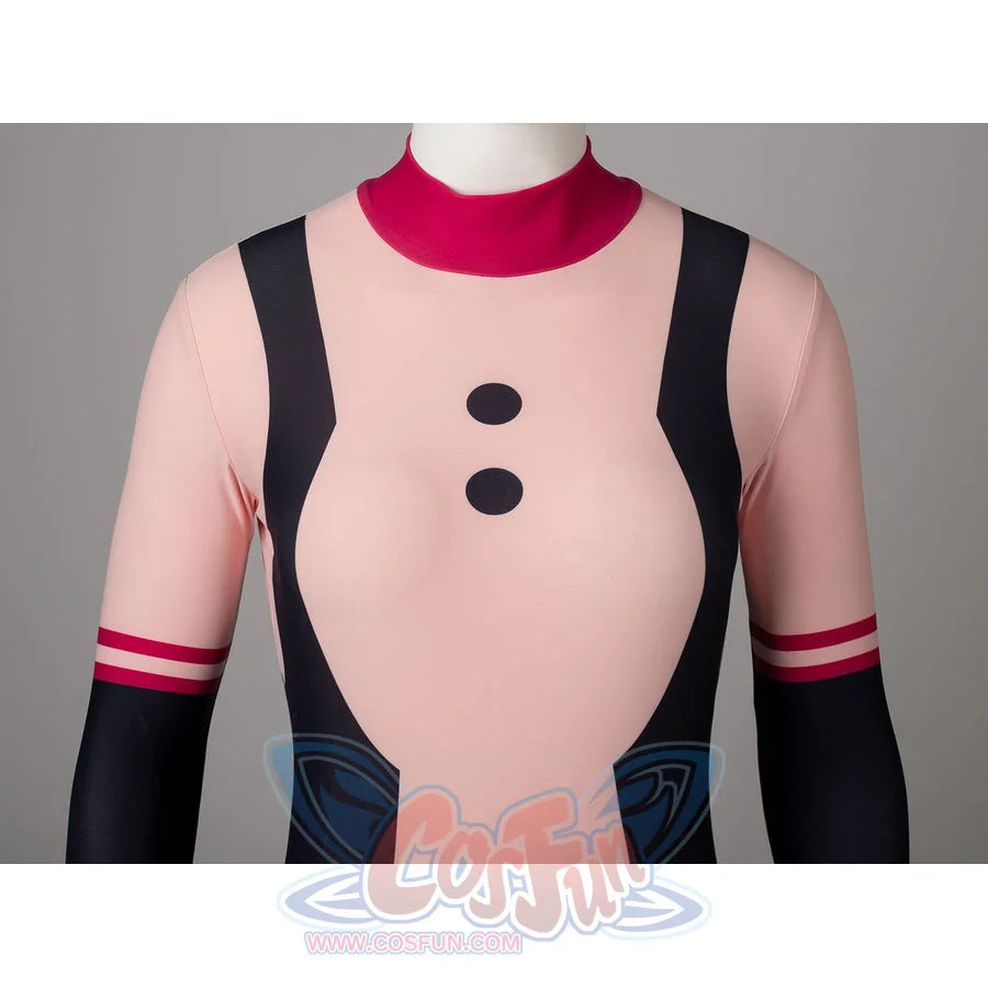 My Hero Academia Ochaco Uraraka cosplay swimsuit centers the red collar above pink chest buttons.