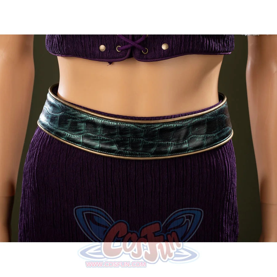 One Piece Nico Robin cosplay belt detail wraps glossy green patent leather above the purple skirt.