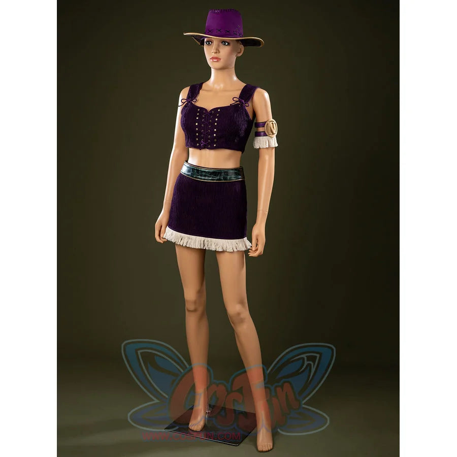 COSFUN One Piece Nico Robin cosplay costume pairs a purple crop top and short skirt under a felt hat.