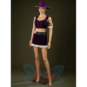 One Piece Nico Robin cosplay costume angles the purple crop top above a short skirt and glossy green belt.