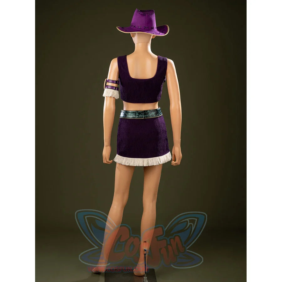 One Piece Nico Robin cosplay costume back view reveals the open purple top, green belt, and fringed skirt.