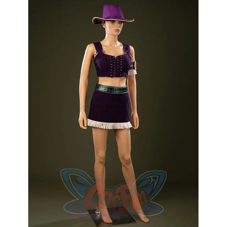 One Piece Nico Robin cosplay costume centers the felt hat above a laced purple top and fringed short skirt.