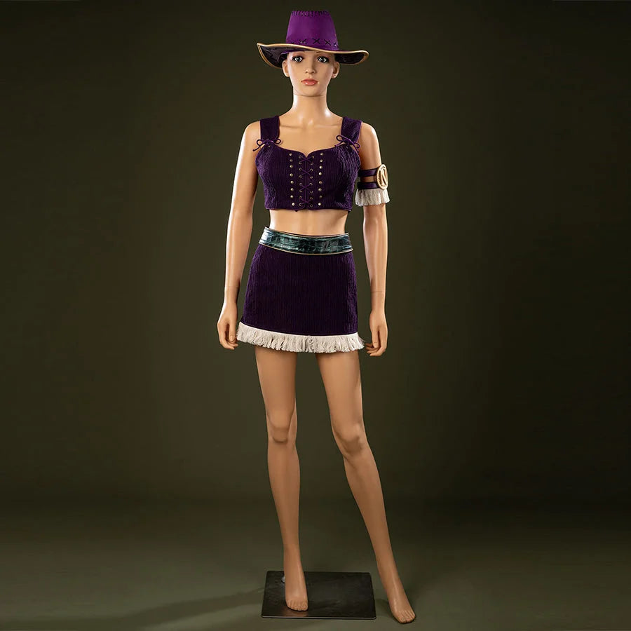 COSFUN One Piece Nico Robin cosplay costume pairs a purple crop top and short skirt under a felt hat.