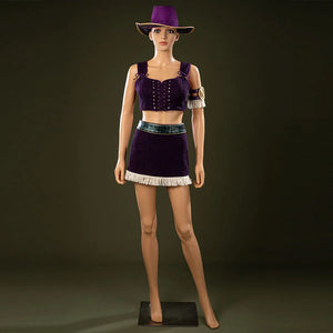 COSFUN One Piece Nico Robin cosplay costume pairs a purple crop top and short skirt under a felt hat.