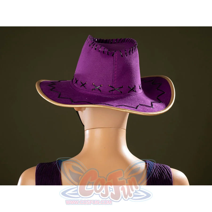 One Piece Nico Robin cosplay hat back detail curves purple felt over black stitching and a gold-tone brim.