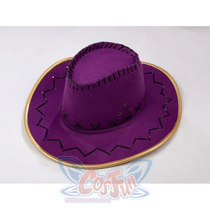 One Piece Nico Robin cosplay felt hat flat lay spreads a purple brim around black stitching and gold-tone trim.