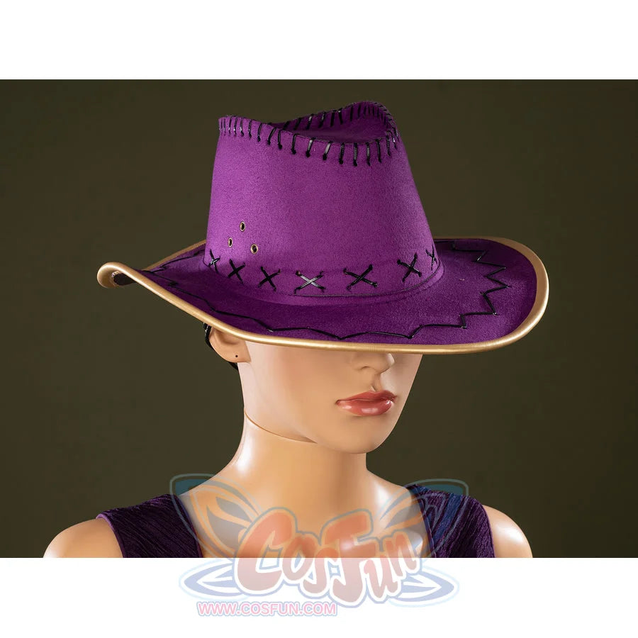 One Piece Nico Robin cosplay hat side detail curves a stitched purple brim under the gold-tone edge.