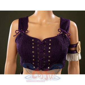One Piece Nico Robin cosplay top detail laces a purple bodice between shoulder bows and a striped arm band.