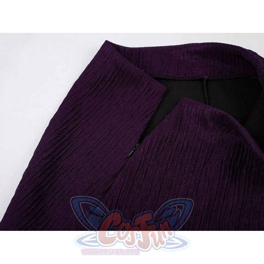 One Piece Nico Robin cosplay fabric detail highlights purple jacquard texture along the folded top edge.