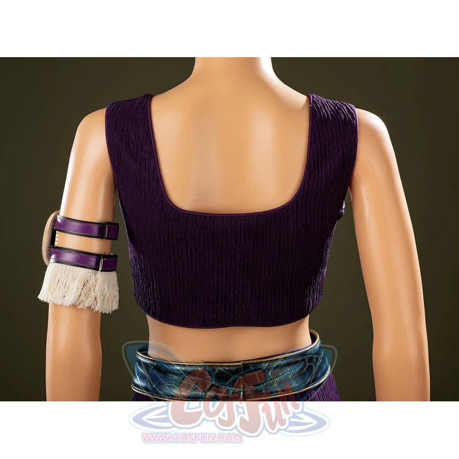 One Piece Nico Robin cosplay top back detail opens a square neckline above the green belt and arm band.