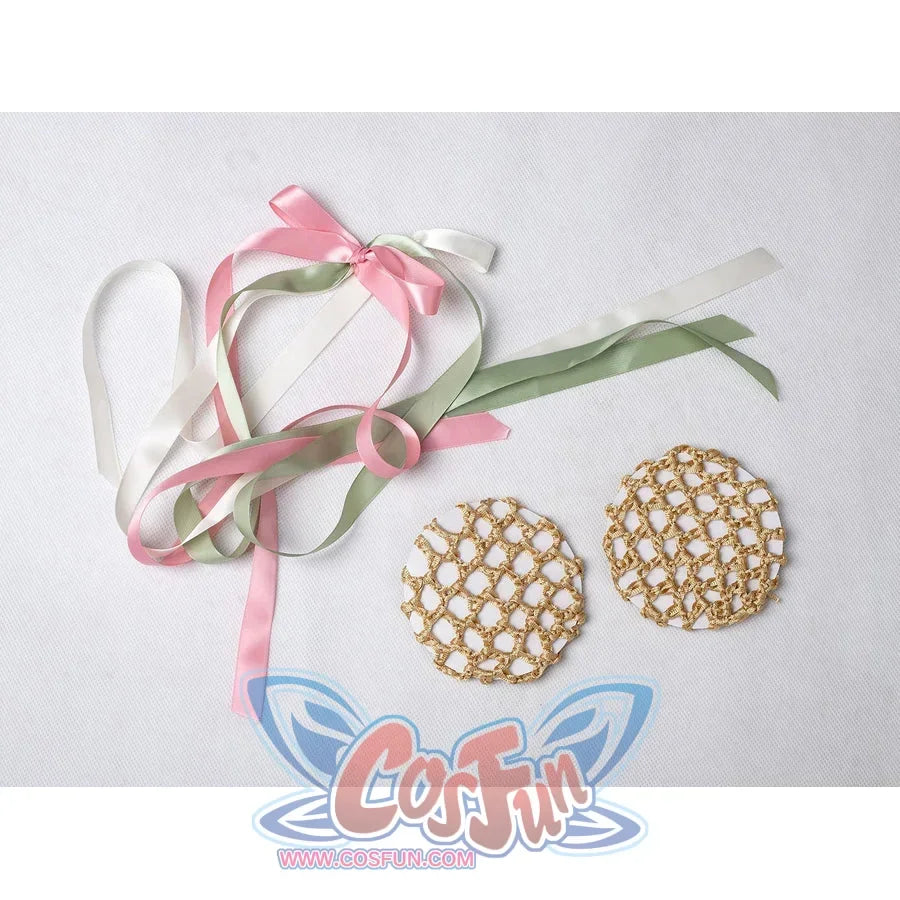 Padmé Amidala cosplay accessory flat lay with pastel ribbons and two gold-tone circular pieces.