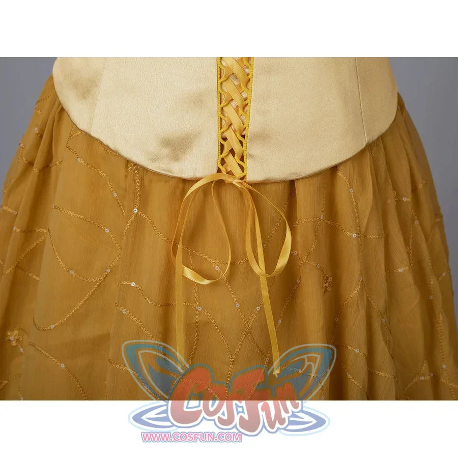 Padmé Amidala cosplay corset hem at the back with ribbon lacing above the gathered golden skirt.