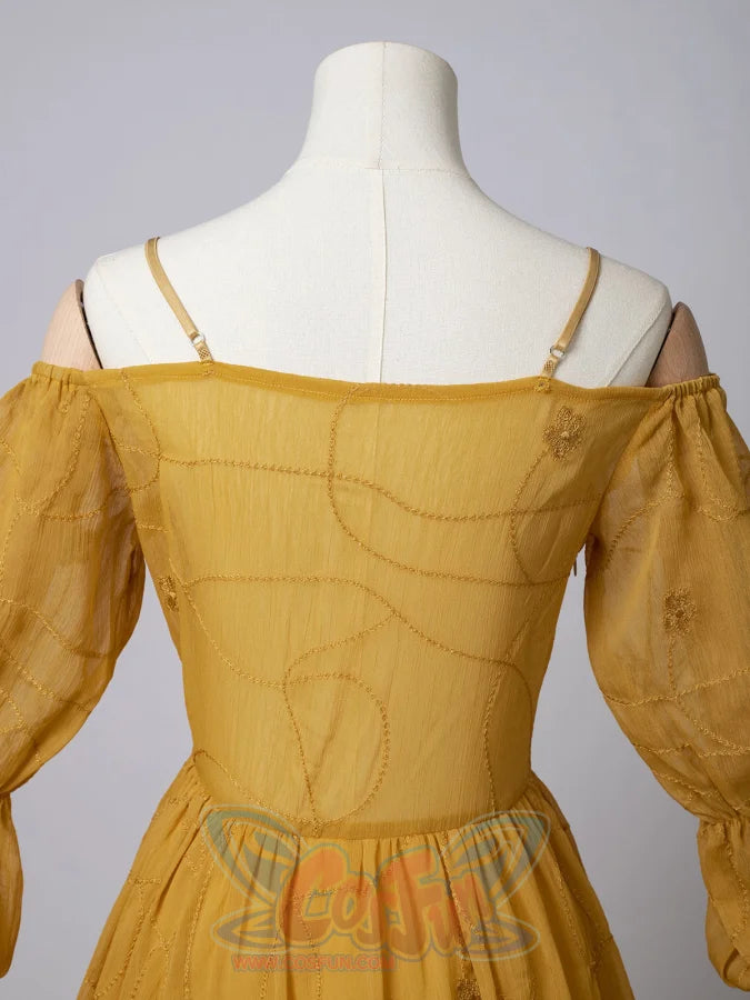 Star Wars Padme Amidala cosplay back neckline detail frames slim straps over the off-shoulder bodice.