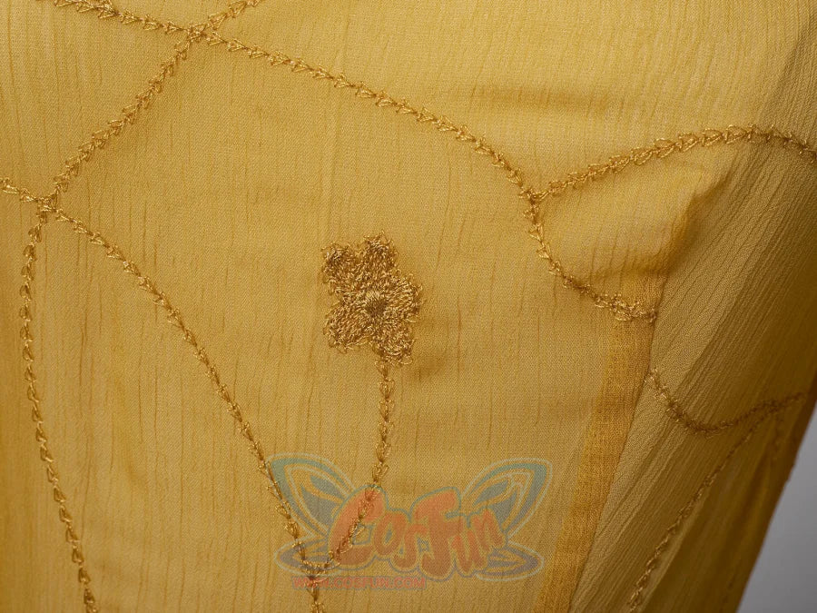 Star Wars Padme Amidala cosplay bodice detail traces gold embroidery across yellow sheer fabric.