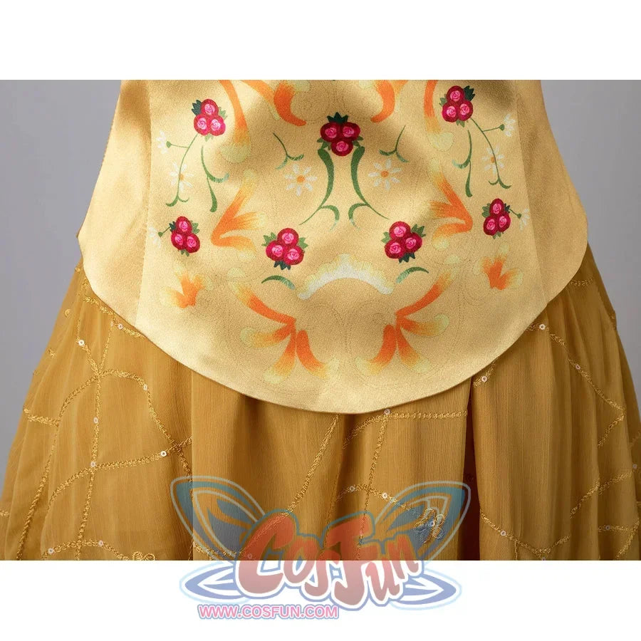 Padmé Amidala cosplay corset hem detail with floral motifs above the sequined golden skirt.