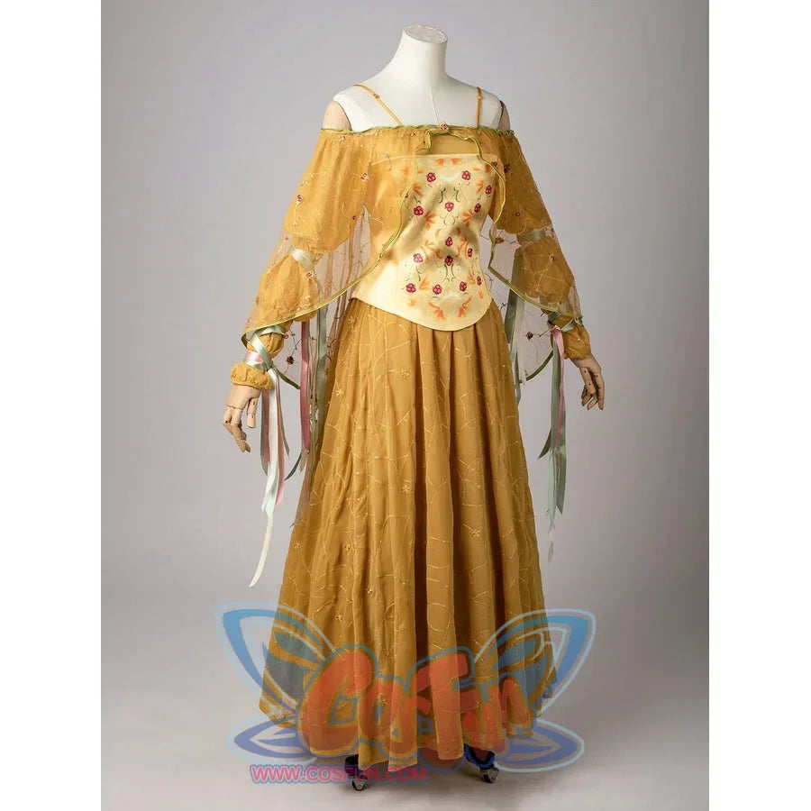 Padmé Amidala cosplay costume front view with a floral satin corset over a golden skirt beneath sheer puff sleeves.