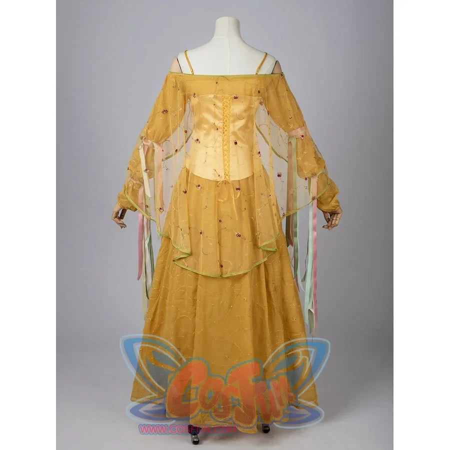 Padmé Amidala cosplay costume back view with a satin corset above a layered golden skirt.