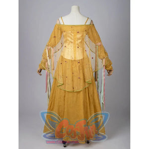Padmé Amidala cosplay costume back view with a satin corset above a layered golden skirt.