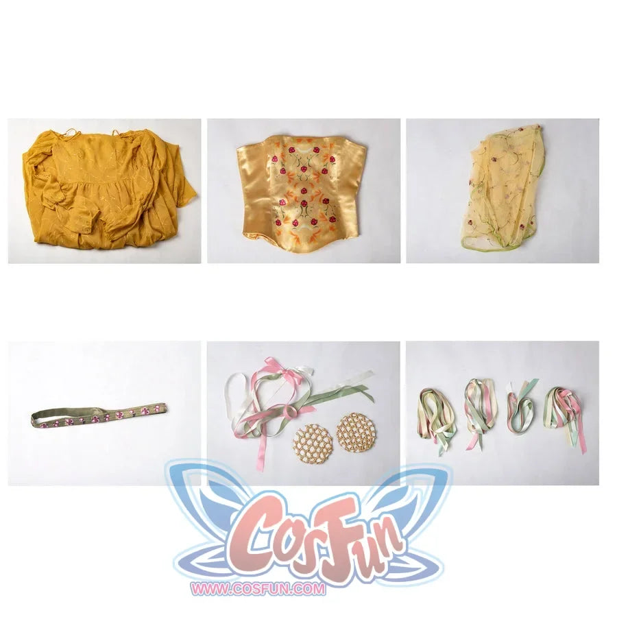 Padmé Amidala cosplay costume set flat lay with the outfit and coordinated accessories arranged for viewing.