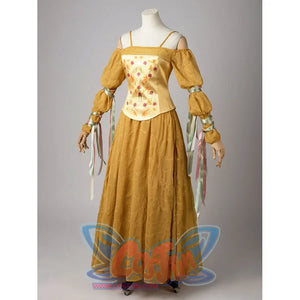 Padmé Amidala cosplay dress angled view with a floral bodice above the gathered golden skirt.