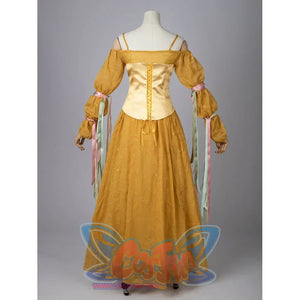Padmé Amidala cosplay dress back view with a lace-up satin bodice and ribbon-trimmed puff sleeves.