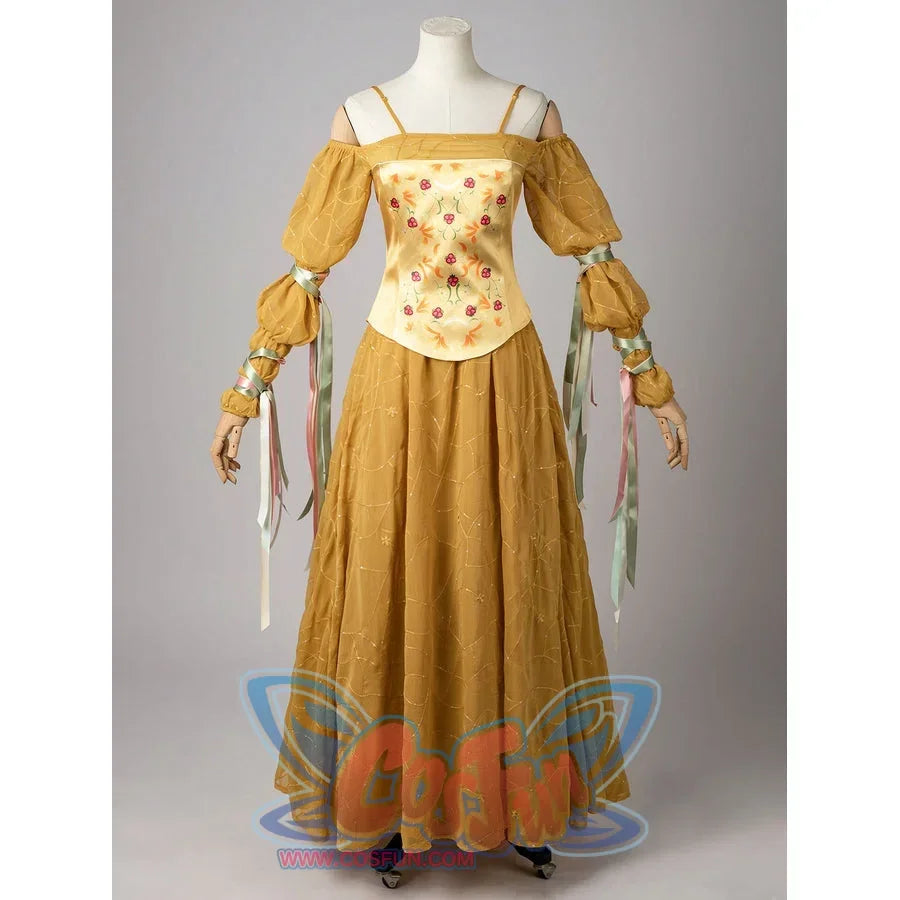 Padmé Amidala cosplay dress front view with a floral bodice panel and puff sleeves tied with pastel ribbons.